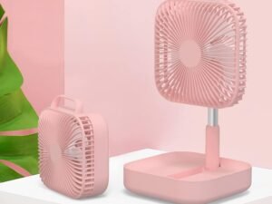 Portable Foldaway Stand Fan, Small Folding Rechargeable & Telescopic Floor/Desk Air Circulator Fan ​with 4 Speed Levels with Adjustable Height for Camping Tent Travel,