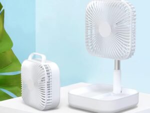 Portable Foldaway Stand Fan, Small Folding Rechargeable & Telescopic Floor/Desk Air Circulator Fan ​with 4 Speed Levels with Adjustable Height for Camping Tent Travel,