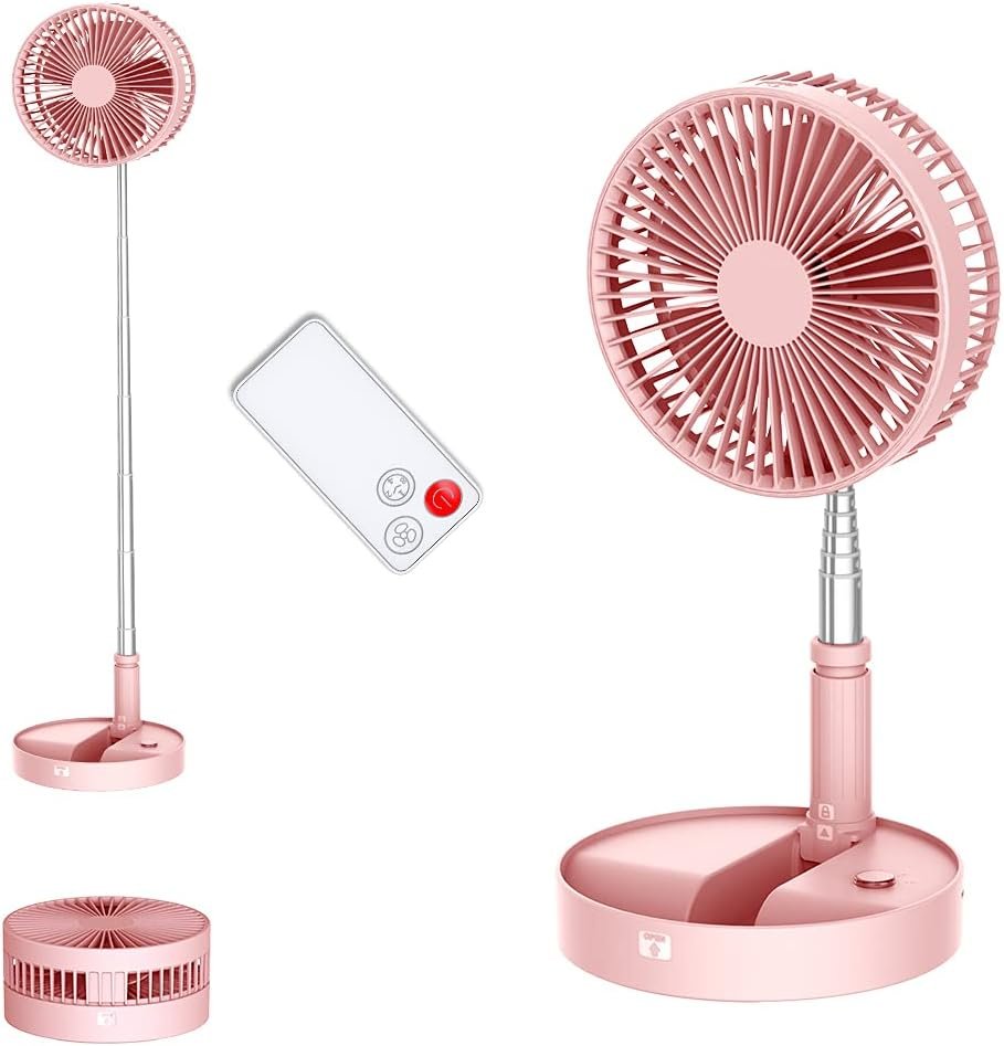 Desk and table fan, foldable Fan Portable Travel Fans Battery Operated,Adjustable Height fan with remote Control Timer, 4 Speed Settings (Pink)