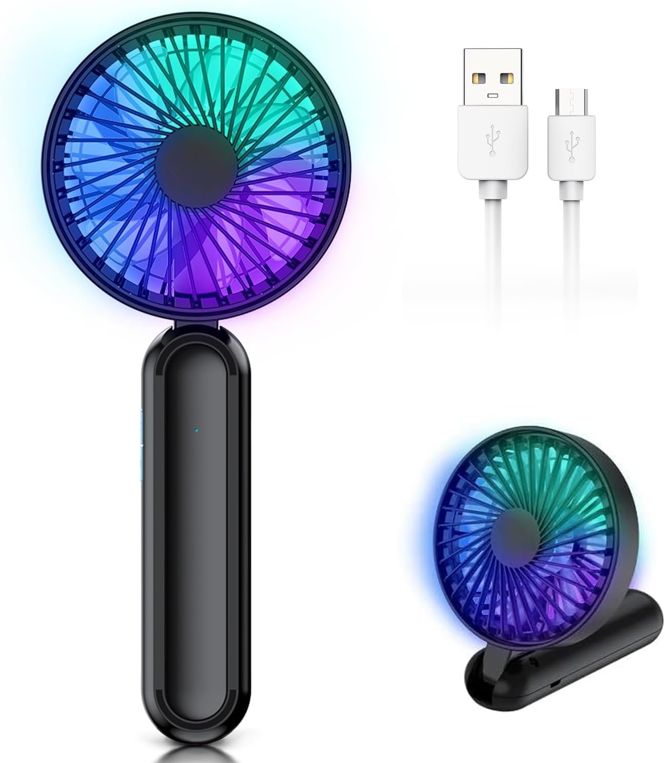 Portable HandHeld Fan, Personal USB Hand Fans with RGB Color Light, 5 Speed Foldable Table Fan with Rechargeable Battery Operated for Travel Office Room (FA-8)