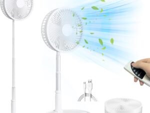 Premium Foldable Fan, 4 Speed Portable Fan with Adjustable Height 14” – 39.5 in, Rechargeable Folding Fan For Home And Office (Pearl White)