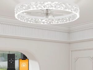 Modern Ceiling Fans with Lights and Remote, 19.7in Low Profile Ceiling Fan Flush Mount, 3000K-6500K Dimmable Bladeless LED Fan Light, White  Ceiling Fans with Lights for Bedroom