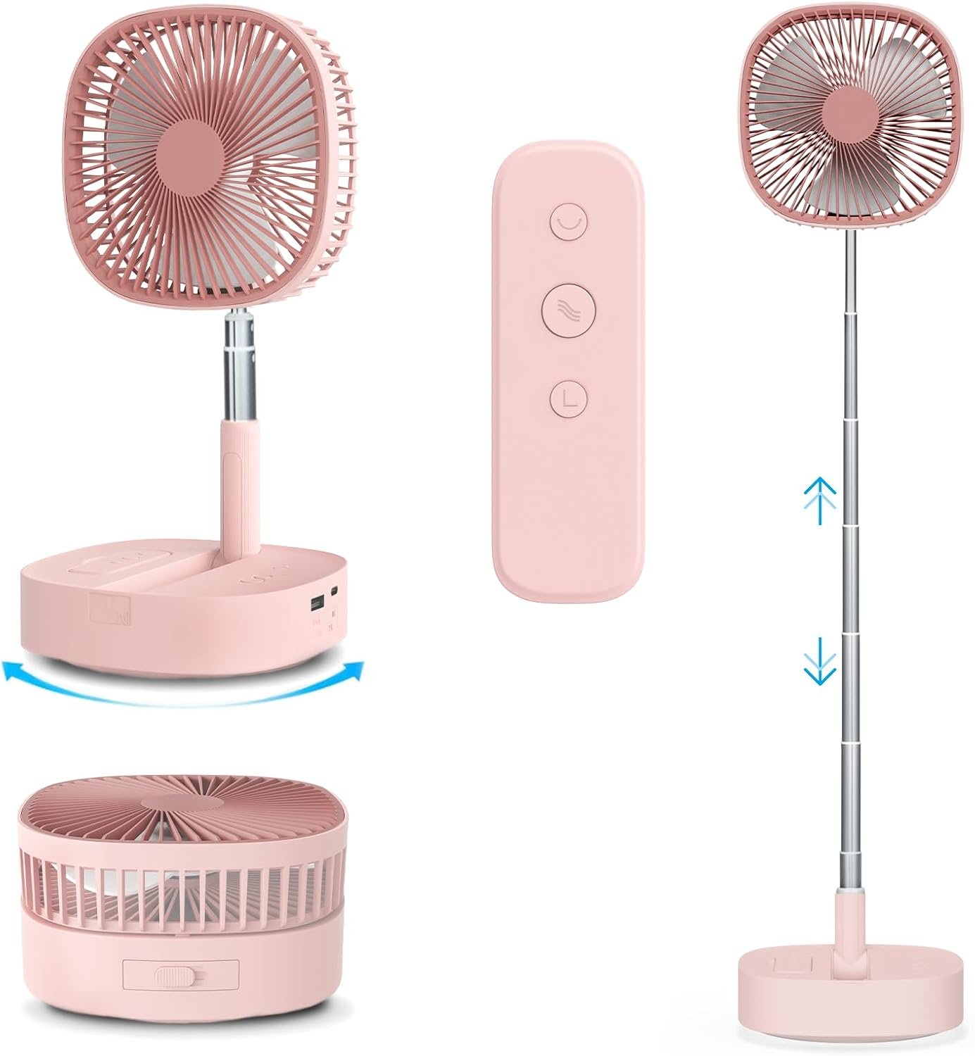 Portable Oscillating Pedestal Fan&Remote, 120° Rotation, 3-In-1 Foldaway/Standing/Desk Fan, Anti-Slip 7200Mah Rechargeable, Telescopic 4 Speed Quiet Timer Fan Home Outdoor Travel (Pink)