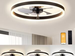 Low Profile Ceiling Fans with Lights and Remote, 19.7in Flush Mount Ceiling Fan Light, 3000K-6500K Dimmable  LED Fan Light, Black Bladeless Ceiling Fans with Lights for Bedroom