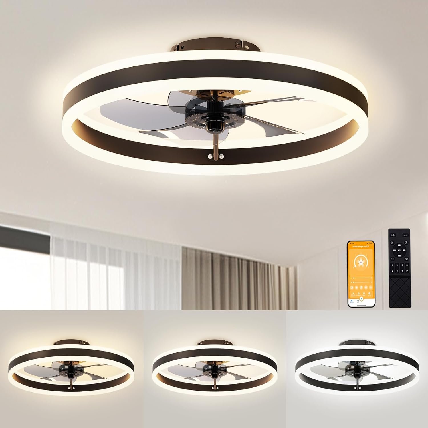 Low Profile Ceiling Fans with Lights and Remote, 19.7in Flush Mount Ceiling Fan Light, 3000K-6500K Dimmable LED Fan Light, Black Bladeless Ceiling Fans with Lights for Bedroom