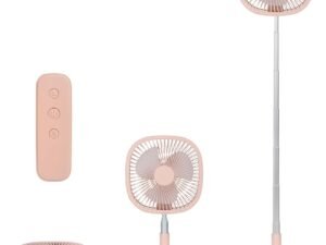 Portable Pedestal Fan - Foldaway Standing Fan Foldable Desk Fan, Use 7200Mah Rechargeable Battery, Remote Control Telescopic 4 Speed Quiet Timer Fan for Home Kitchen Outdoor Camping (Pink)