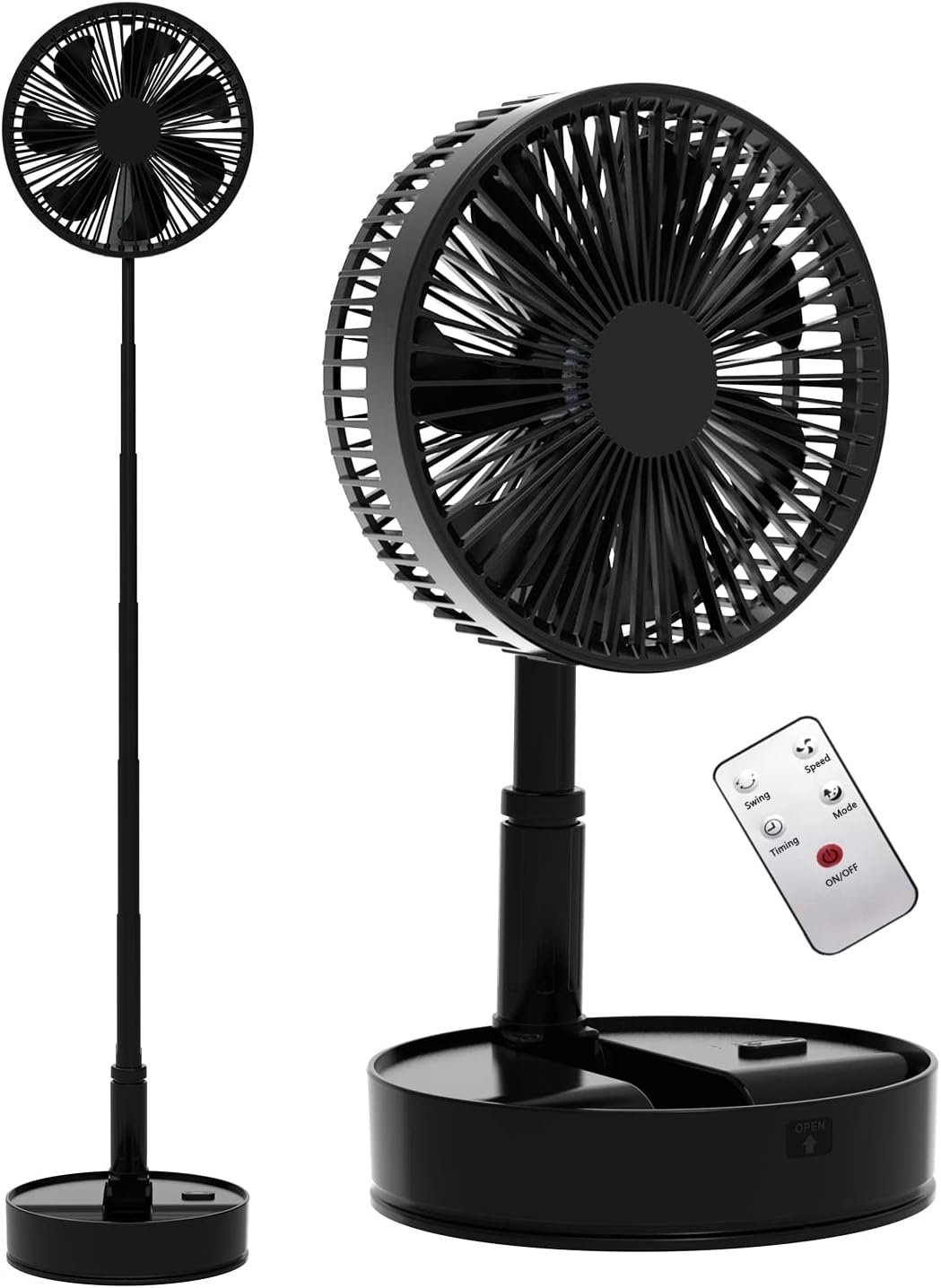 Oscillating Fan Foldaway with Remote Control, 7200mAh Rechargeable Battery Powered Pedestal Fan for Camping, 4 Speed, Timer, Height Adjustment Portable Table Fan for Travel , Outdoor, Home (Black)