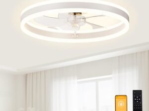 Low Profile Ceiling Fans with Lights and Remote, 19.7in Flush Mount Ceiling Fans with Light, 3000K-6500K Dimmable  LED Fan Light, White Bladeless Ceiling Fans with Lights for Bedroom