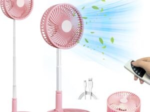 Premium Foldable Fan, 4 Speed Portable Fan with Adjustable Height 14” – 39.5 in, Rechargeable Folding Fan For Home And Office (Nordic Pink)