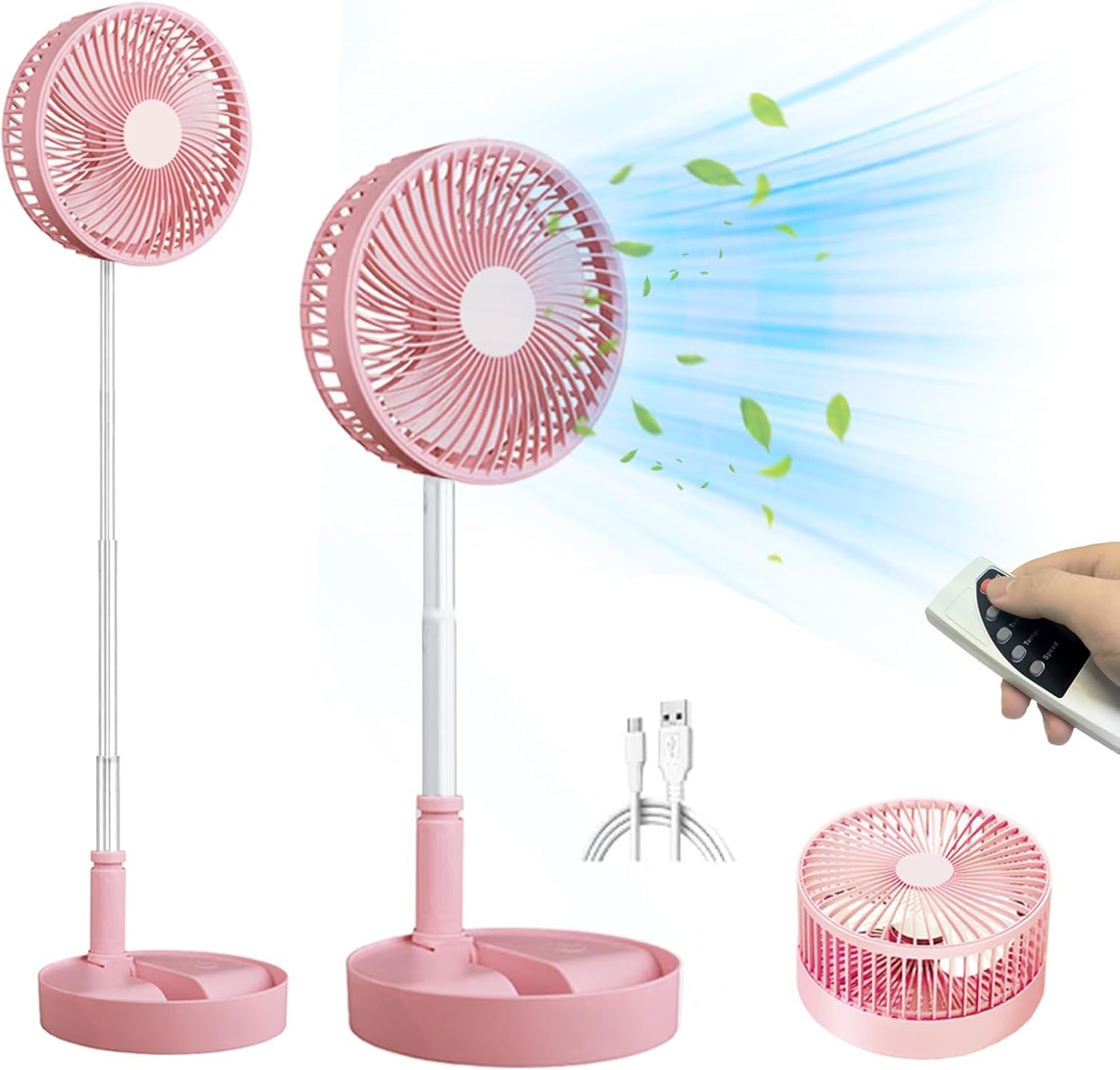 Premium Foldable Fan, 4 Speed Portable Fan with Adjustable Height 14” – 39.5 in, Rechargeable Folding Fan For Home And Office (Nordic Pink)