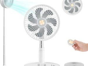 Portable Oscillating Standing Fan with Remote Light Timer, Rechargeable 7200mah Battery Operated Fan Personal Foldaway Fan Cordless Small Desk Floor Fan Pedestal Fans for Bedroom Office Camping Travel