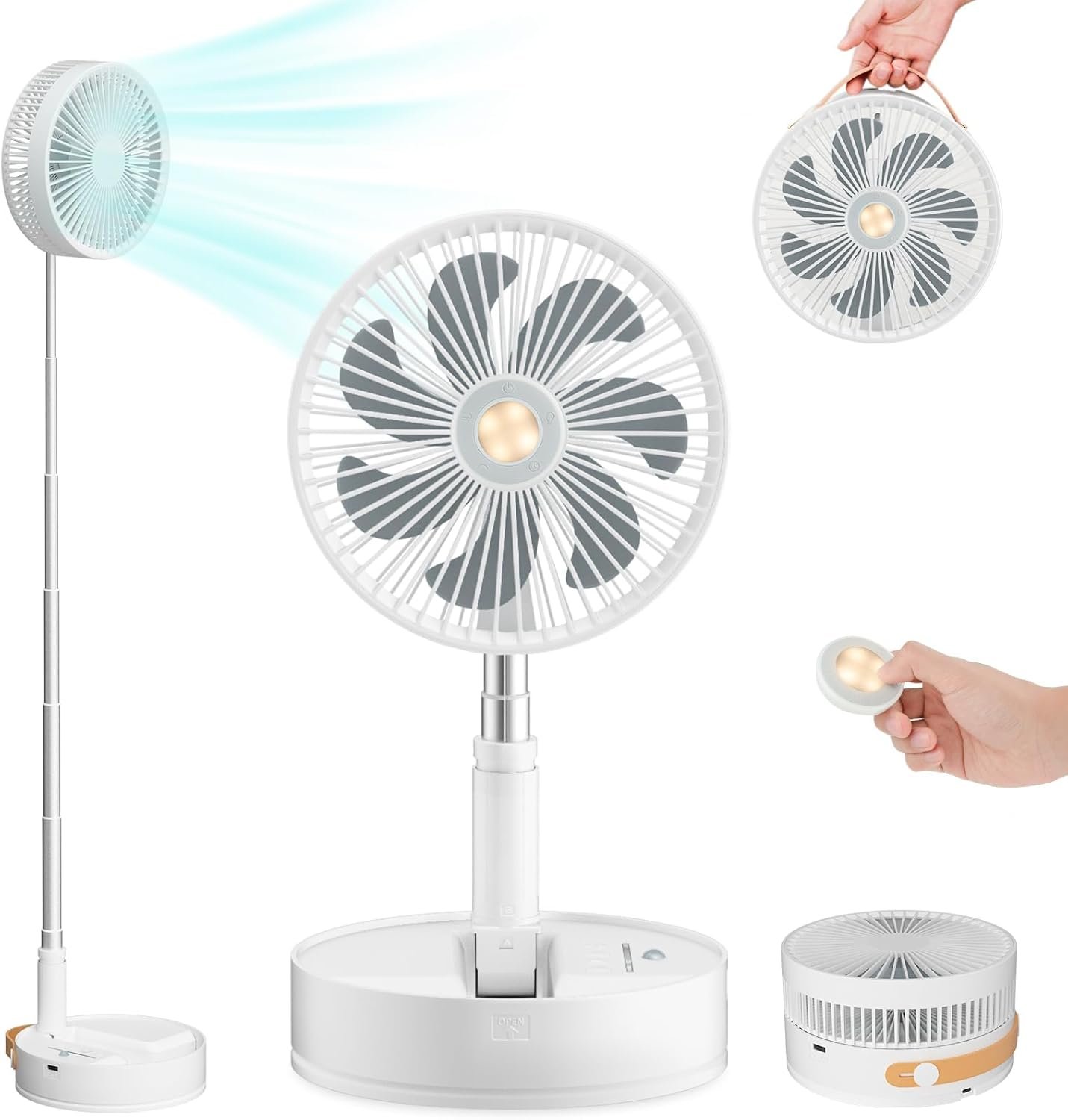 Portable Oscillating Standing Fan with Remote Light Timer, Rechargeable 7200mah Battery Operated Fan Personal Foldaway Fan Cordless Small Desk Floor Fan Pedestal Fans for Bedroom Office Camping Travel