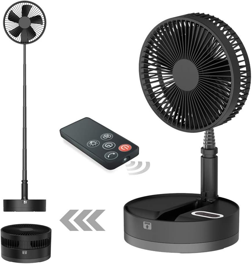 Foldable Fan Foldaway Oscillating with Remote Control, 10800mAh Battery Operated Fans, Portable for Outdoor, Courtyard, Beach,Travel, Room,4 Speeds, with Timer night light (Black)