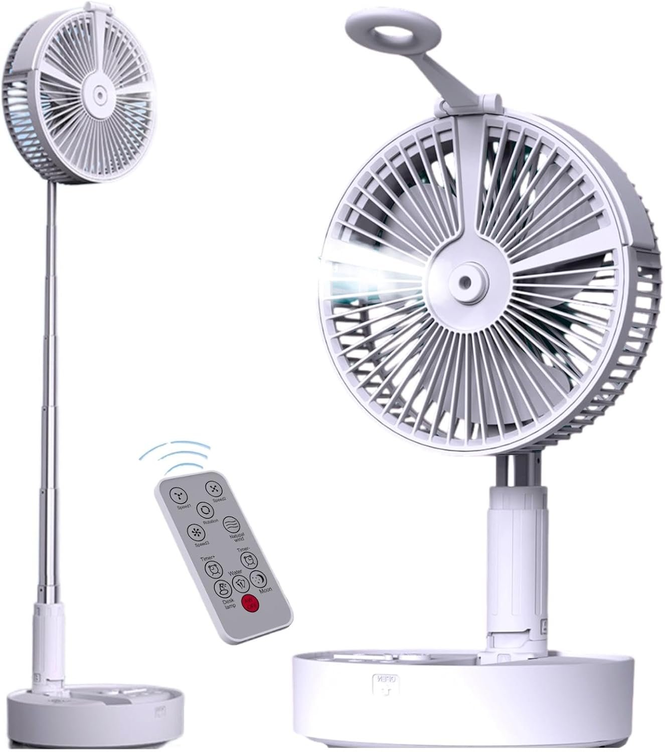Collapsible Fan, Portable Folding Fan Rechargeable Foldaway Travel Fan with Night Light & Remote Control USB Battery Operated Standing Desk Fan for Home Office, Outdoor Camping