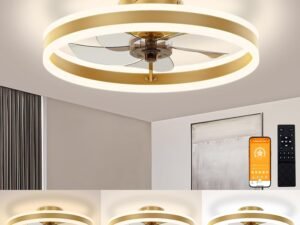 Low Profile Ceiling Fans with Light and Remote, 19.7in  Ceiling Fan with Light, 3000K-6500K Dimmable Flush Mount LED Fan Light, Gold Modern Ceiling Fans with Lights for Bedroom