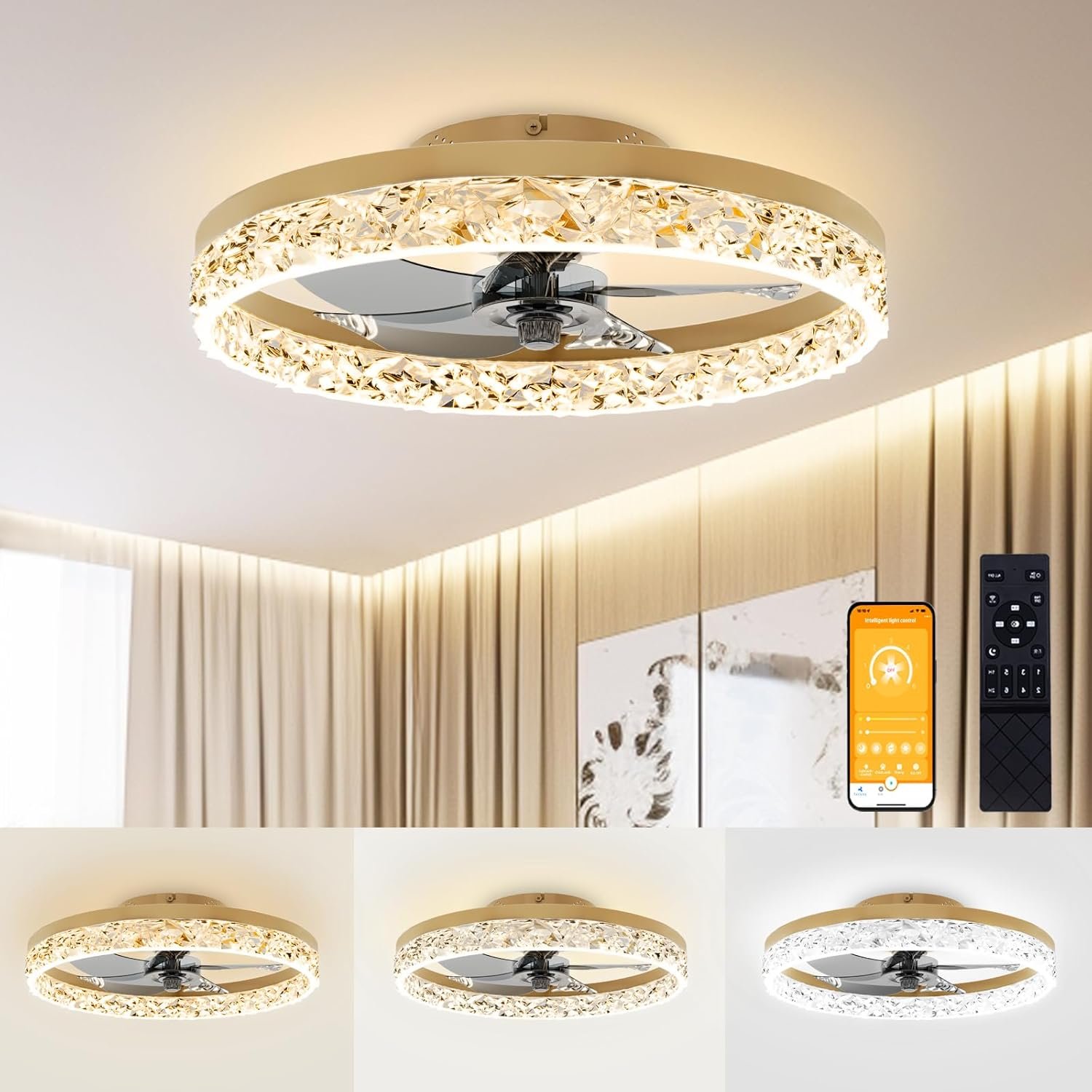 Ceiling Fans with Lights and Remote, 19.7in Low Profile Ceiling Fan Flush Mount, 3000K-6500K Dimmable, Modern Ceiling Fans with Lights for Bedroom, Living Room, Kitchen(Gold)