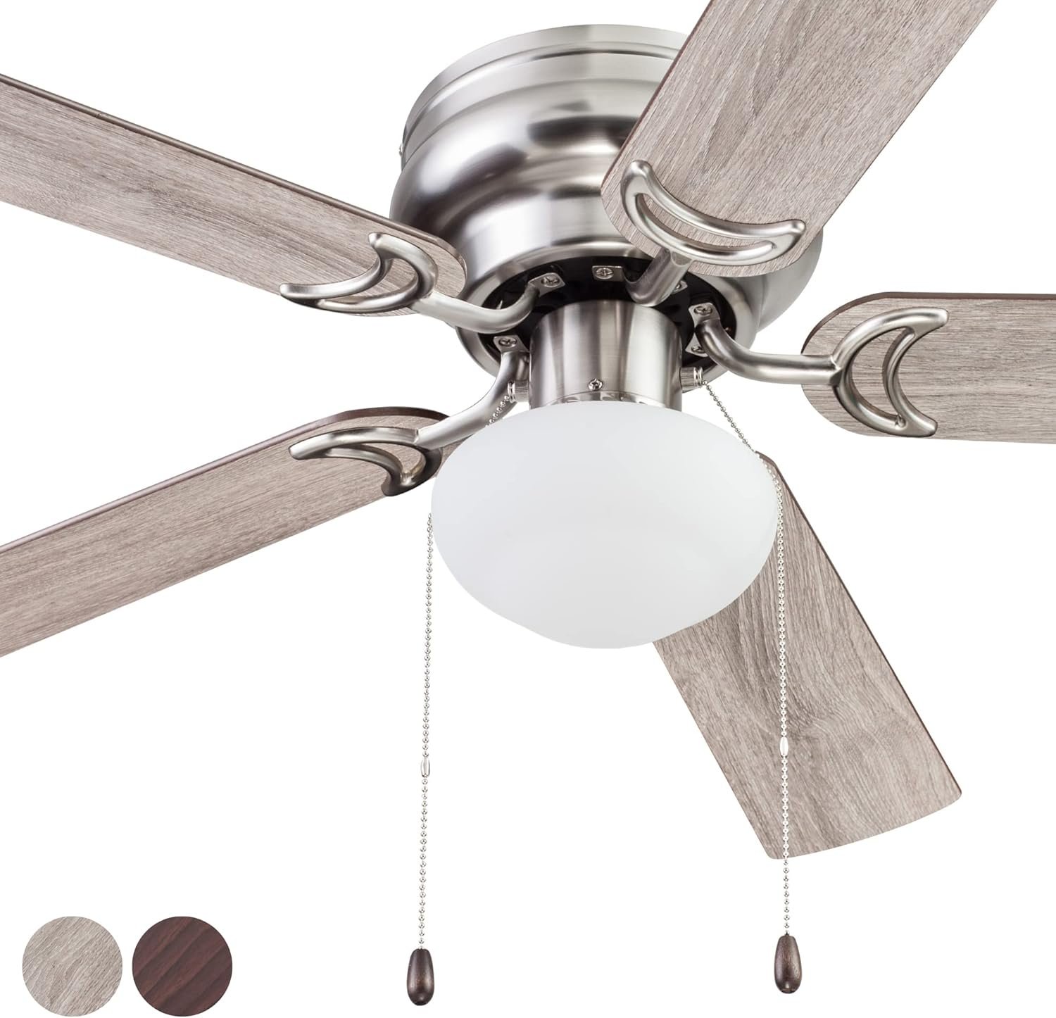 44 Inch Traditional Flush Mount Indoor LED Ceiling Fan with Light, Pull Chain, Dual Finish Blades, Reversible Motor - 51585-01 (Satin Nickel)