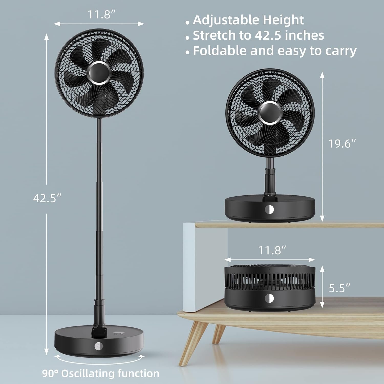 12” Foldable Fan with Remote, Battery Operated Fan for Travel, Quiet Cordless Portable Fan, Adjustable Height, 9H Timer, 8 Speeds, Oscillating Standing Fanfor Bedroom Camping Outdoor - Image 2