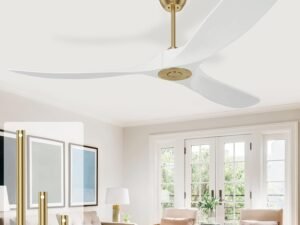 60" Wood Ceiling Fan with Remote, Outdoor/Indoor Modern Ceiling Fans 6-Speed Reversible DC Motor Carved Solid Wood Blades for Patios, Bedroom, Living Room (White)
