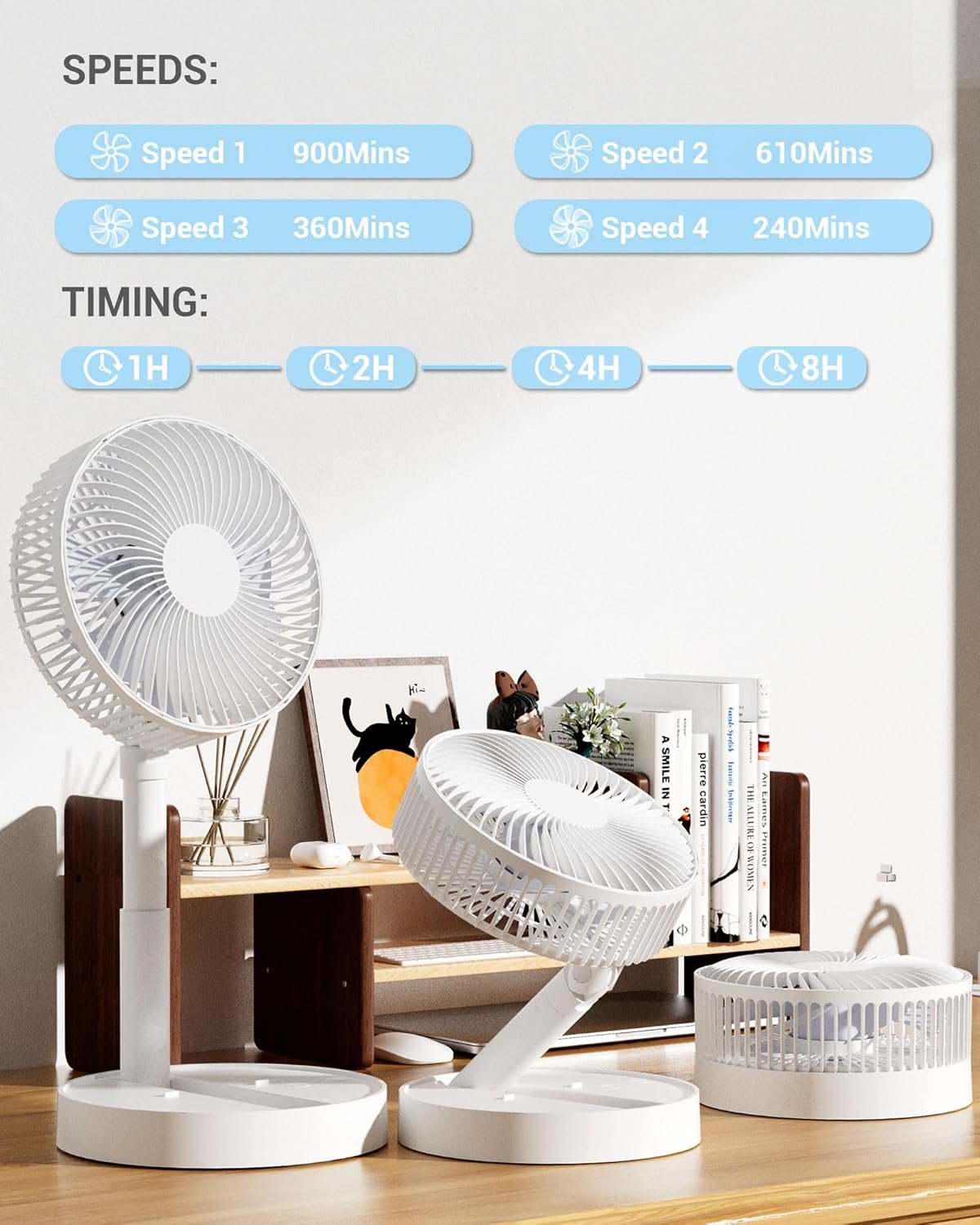 Portable Desk Fan, 8-Inch USB Battery Operated Fan with 4 Speeds Strong Airflow, Foldable Personal Fan for Bedroom, Small Travel Fan for Outdoor - Image 2