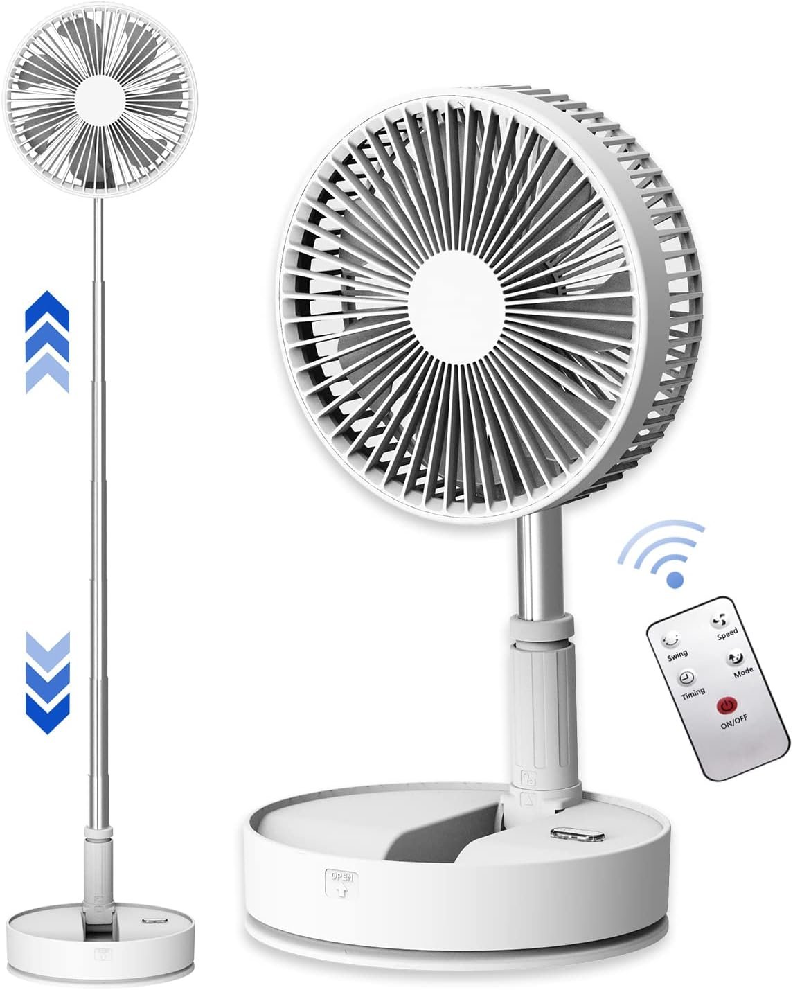 Oscillating Fan with Remote Control, 7200mAh Rechargeable Battery Operated Travel Fan for Camping, 4 Speed, Timer, Height Adjustment Portable portable Fan for Travel , Outdoor, Home (White)