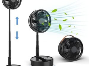 Foldable Fan Foldaway Oscillating with Remote Control Hand Strap &USB Charging Port , 7200mAh Battery Operated Portable Standing Fan, 4 Speed, Timer for Camping Travel , Outdoor, Home (Black)
