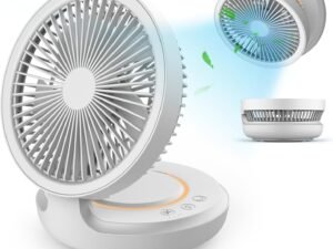 Ultra Quiet Table Fan Battery Operated, 4 Speeds, Auto Oscillation, Foldable Fan for Travel, Small Wall Fan for Bedroom Home Desktop Office, USB Rechargeable, White