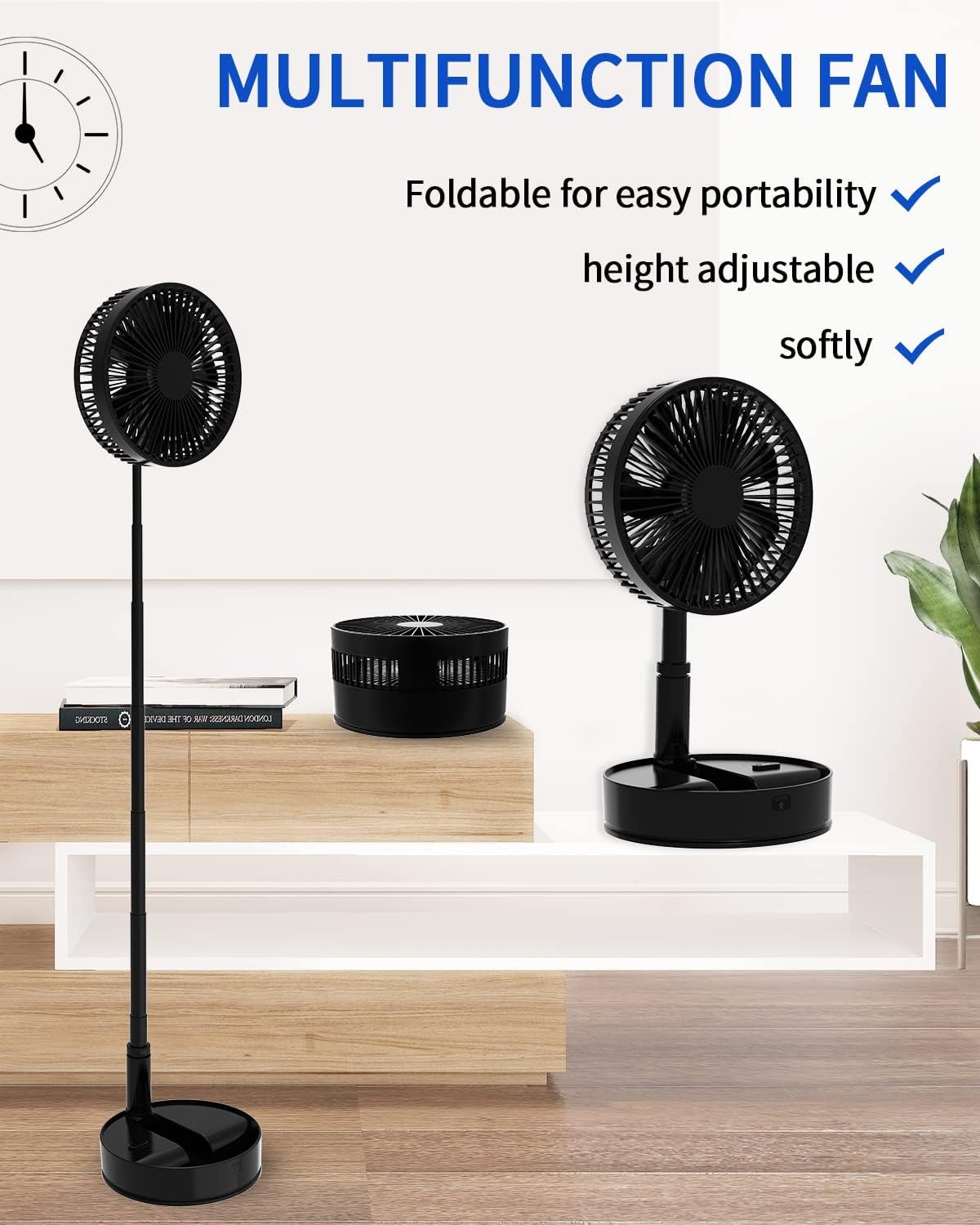 Oscillating Fan Foldaway with Remote Control, 7200mAh Rechargeable Battery Powered Pedestal Fan for Camping, 4 Speed, Timer, Height Adjustment Portable Table Fan for Travel , Outdoor, Home (Black) - Image 2