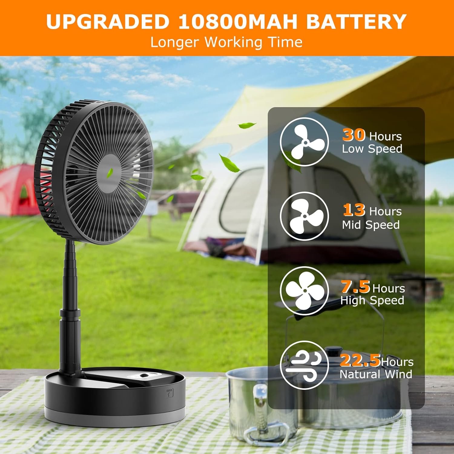 10800mAh 30H Foldaway Fan with LED Light, 8 Inch Battery Operated Oscillating Fan, Portable Rechargeable Fan w/Remote, Timer, 4 Speeds, Super Quiet for Bedroom, Camping, Travel, Outdoor - Image 2