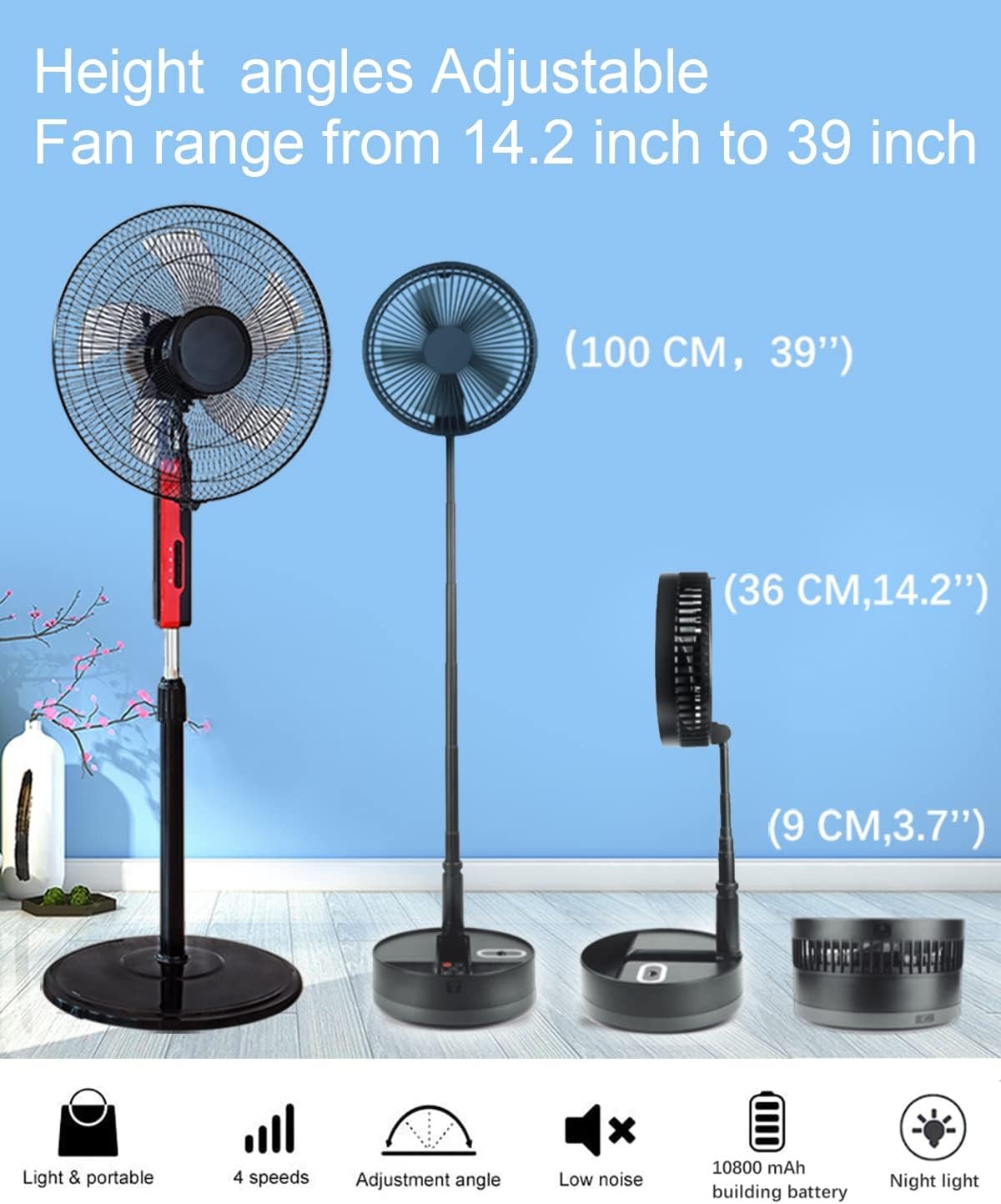 Foldable Fan Foldaway Oscillating with Remote Control, 10800mAh Battery Operated Fans, Portable for Outdoor, Courtyard, Beach,Travel, Room,4 Speeds, with Timer night light (Black) - Image 2