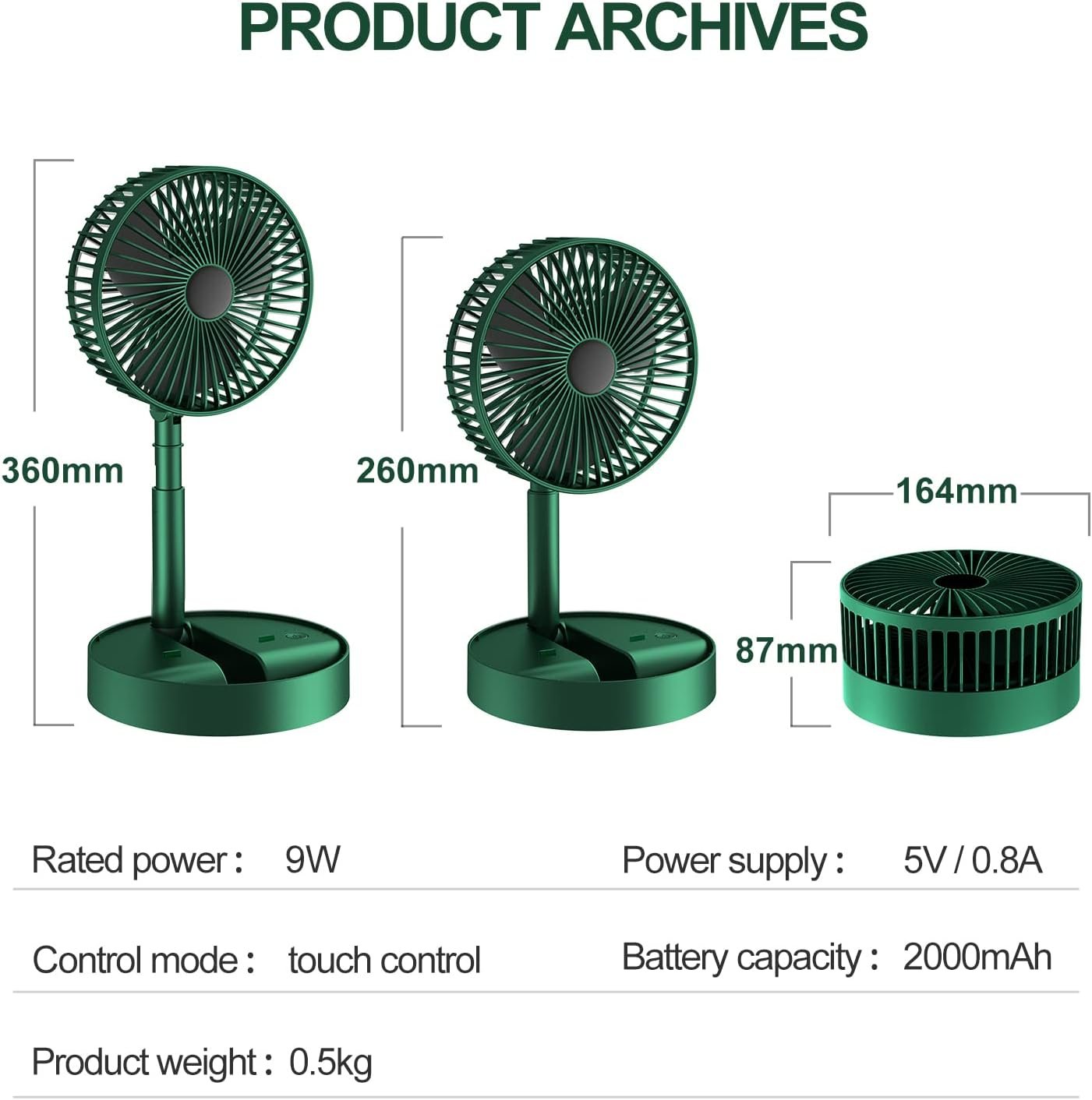 Folding Fan Quiet 3- Speed Wind Highly Stretchable Simulated Natural Wind 180 ° Adjustment Battery Powered or USB Powered Home Desk Bedroom Portable Travel Mini Decorative Fan(Green - Image 2