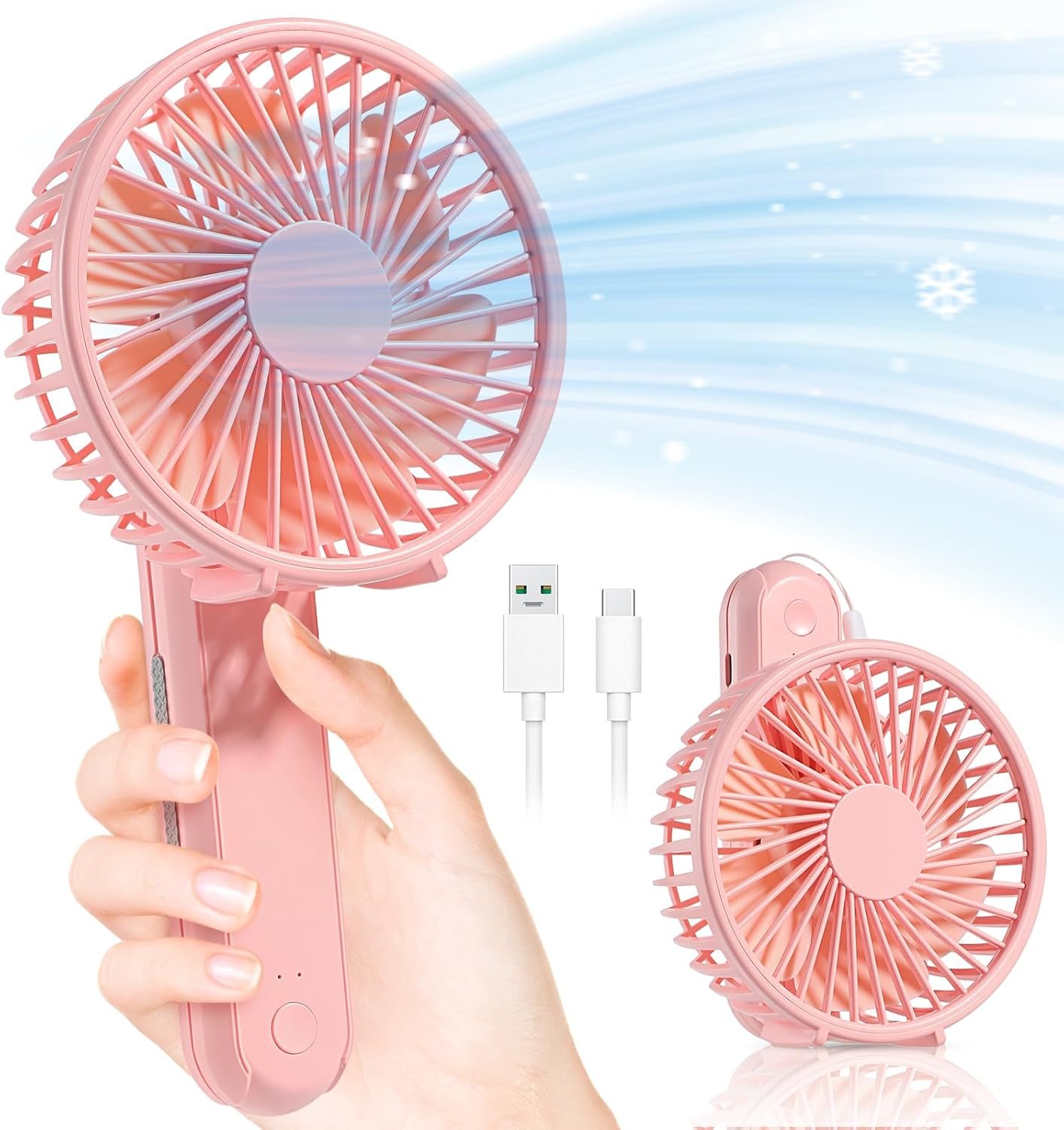 Portable Handheld Fan - 2000mAh Personal Portable Fan Rechargeable, 180° Foldable USB Desk Fan with 3 Wind Speed, Battery Operated Fan for Travel Office Household