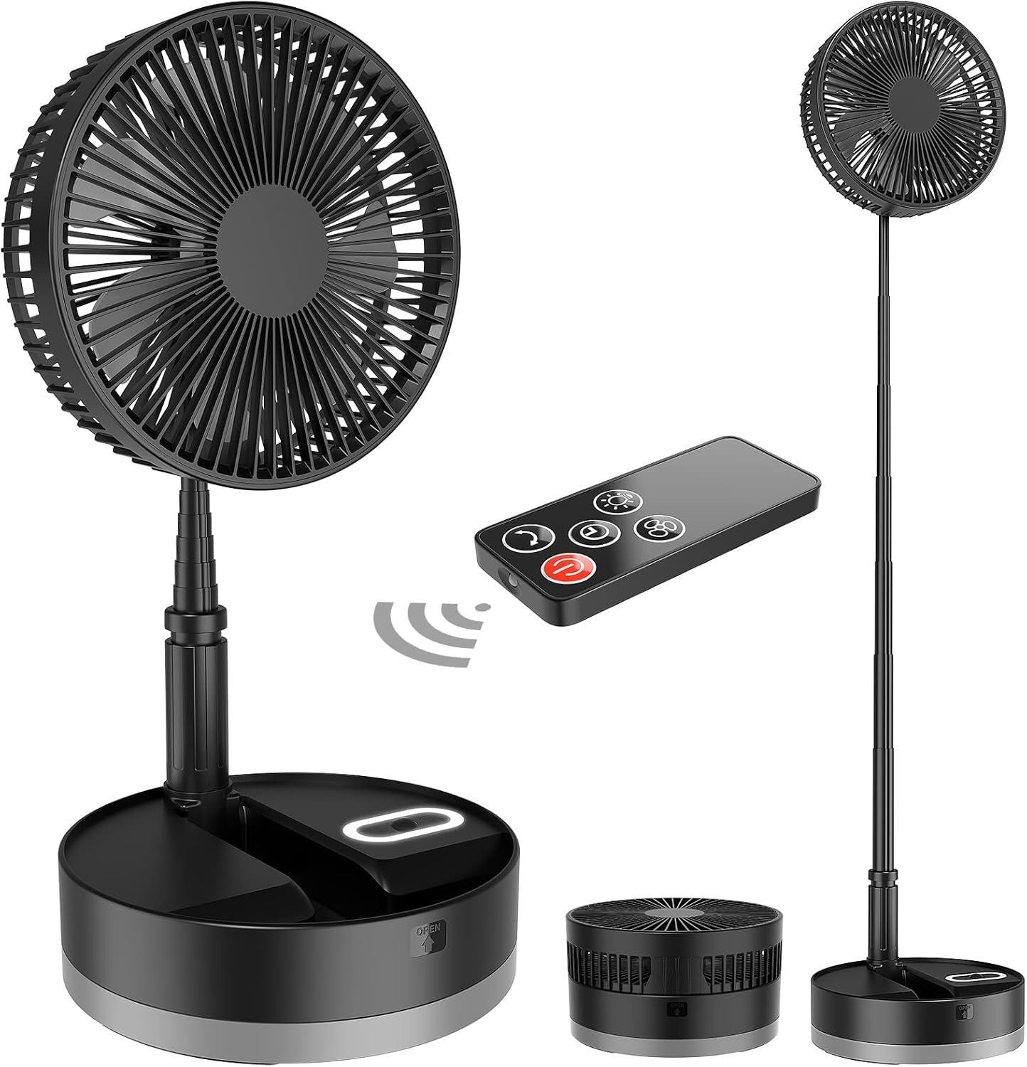 10800mAh 30H Foldaway Fan with LED Light, 8 Inch Battery Operated Oscillating Fan, Portable Rechargeable Fan w/Remote, Timer, 4 Speeds, Super Quiet for Bedroom, Camping, Travel, Outdoor