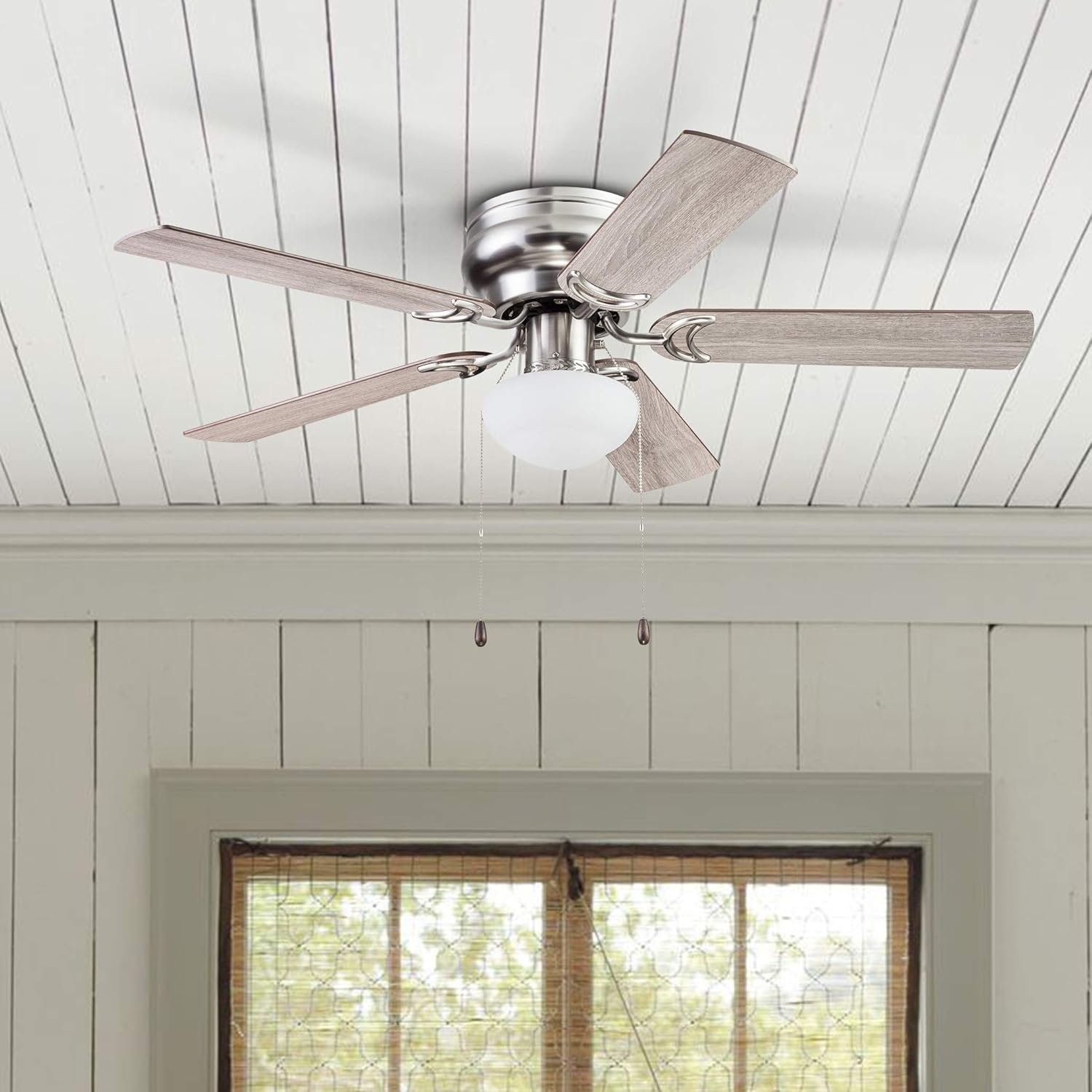 44 Inch Traditional Flush Mount Indoor LED Ceiling Fan with Light, Pull Chain, Dual Finish Blades, Reversible Motor - 51585-01 (Satin Nickel) - Image 2