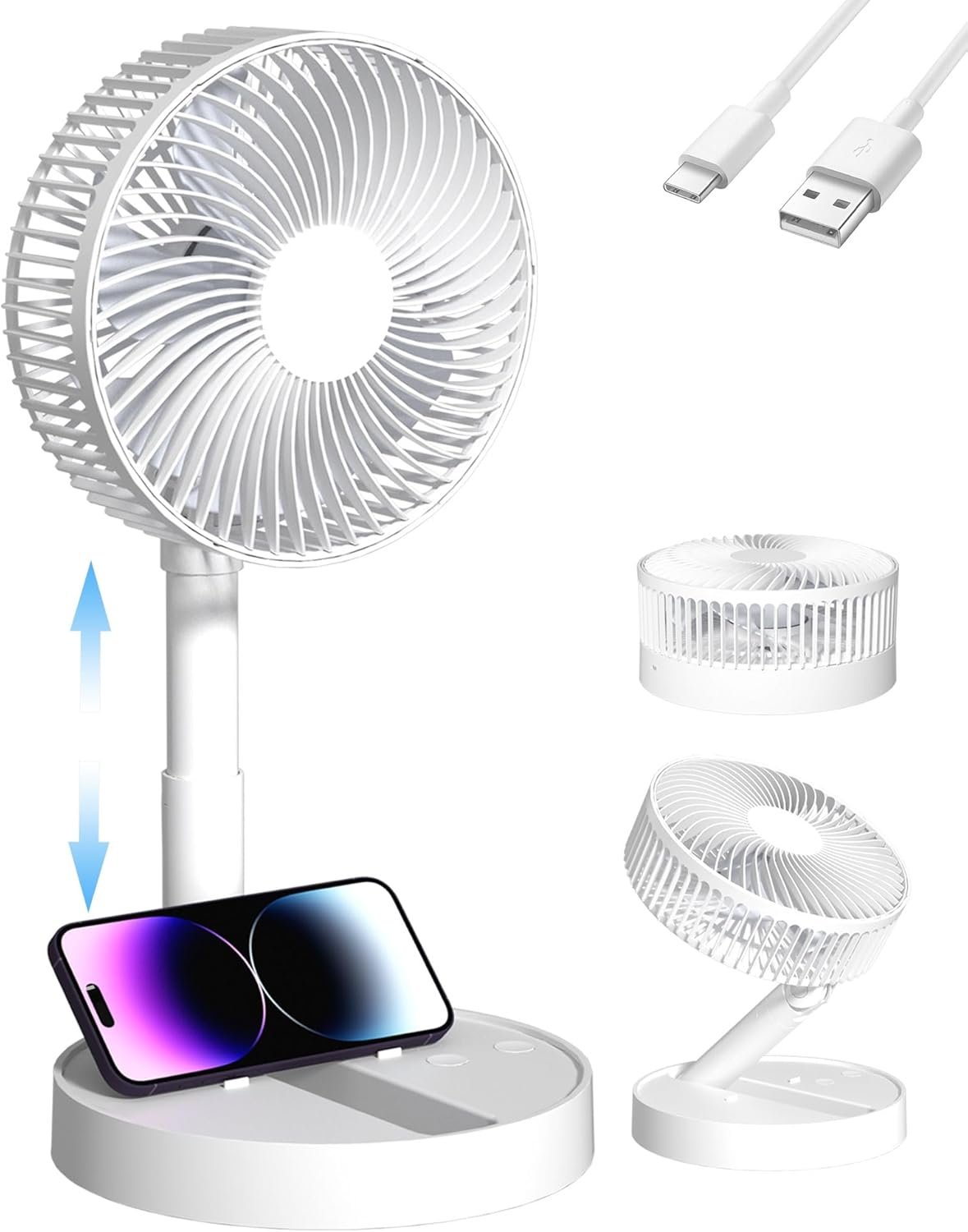 Portable Desk Fan, 8-Inch USB Battery Operated Fan with 4 Speeds Strong Airflow, Foldable Personal Fan for Bedroom, Small Travel Fan for Outdoor