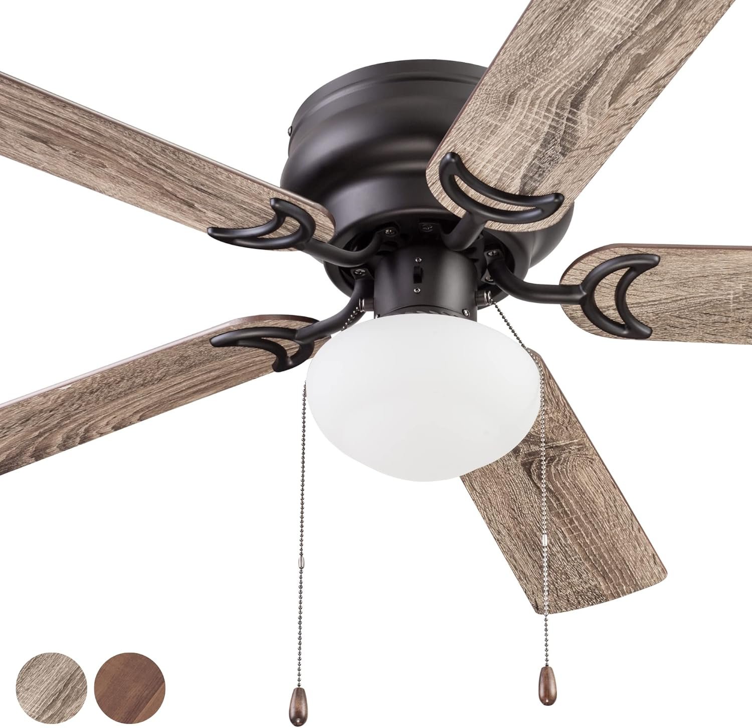 44 Inch Traditional Flush Mount Indoor LED Ceiling Fan with Light, Pull Chain, Dual Finish Blades, Reversible Motor - 51584-01 (Bronze)